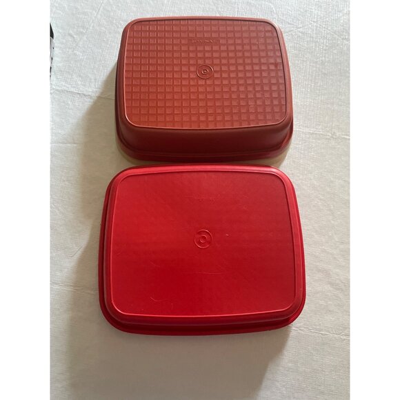 Vintage Tupperware Square Marinade Containers With Lids - Set Of 2 Red & Beige - Picture 2 of 7